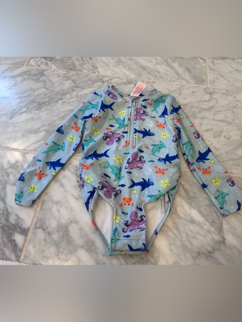 Long-Sleeve One-Piece Swimsuit with Sea Creatures - Blue